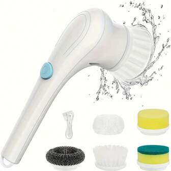 Cordless Handheld Cleaning Brush, 5 Interchangeable Heads, Portable Rotating Scrubber For Bathrooms
