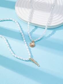 Conjunto de 2 colares de pérolas falsas estilo oceano de verão, colar de conchas, pingente de concha do mar, colar feminino em camadas adequado para uso diário, Vocation