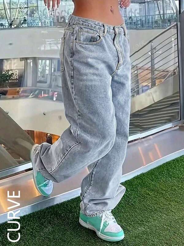 Plus Size Loose Relaxed Washed Straight Leg Jeans