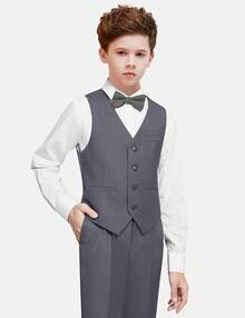 Boys Formal Suit Set - Suspenders Adjustable Waist Ring Bearer - 炭灰色背心 - 查看 3