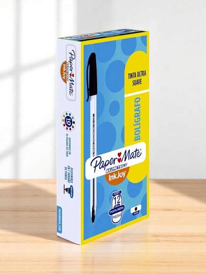 Paper Mate 12 bolígrafos punto mediano stick negro caja 12 piezas kilométrico bolígrafo negro gran pigmentación escritura suave uso escolar oficina confiable
