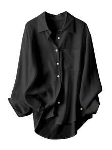 女士休闲宽松长袖衬衫，春秋季 - 黑色 - 查看 3