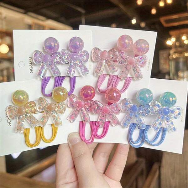 2pcs Sparkling Bow Hair Ties - Colorful, Shiny, High Elasticity, Non-Damaging Rubber Bands With Glitter Accents For Hair Accessories, Hair Accessories
