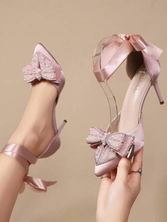 Sandalias de estilo francés con tacón de aguja, puntera puntiaguda, decoración de strass, lazo y correa transparente tipo hada para otoño/invierno 2025, elegantes, bombas de mujer para primavera/verano, para atuendos elegantes y de fiesta