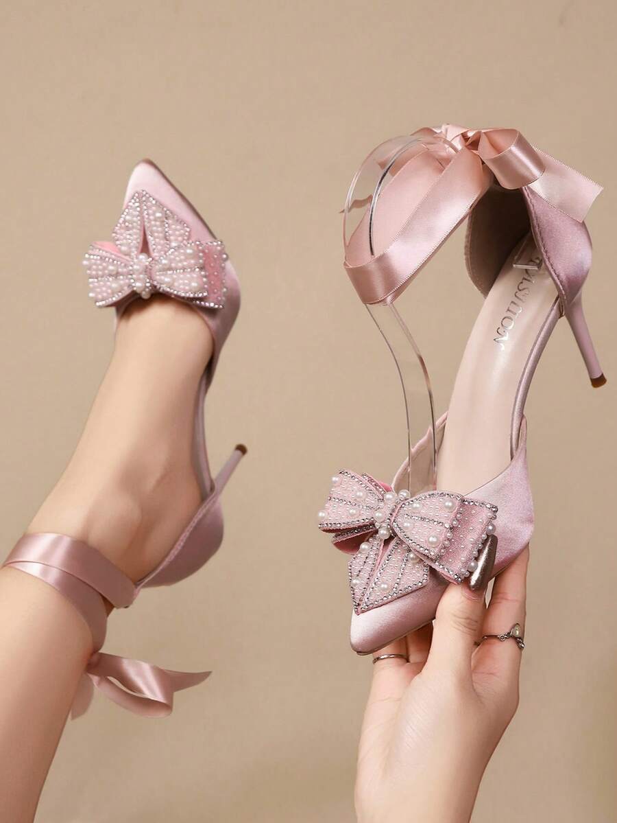 细高跟尖头水钻蝴蝶结透明仙女带法式凉鞋，春夏款，优雅女士高跟鞋，适合派对穿着