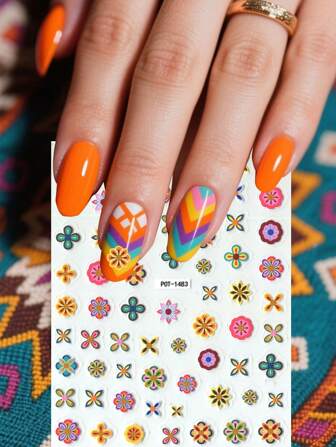 1 Sheet Bohemian Floral Nail Art Stickers, Self-Adhesive Plastic Nail Decorations, Glitter Surface, Asymmetrical Shape, Perfect Gift For Women Festivals & Parties