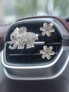 3件/6件水钻大象和6瓣花出风口夹汽车装饰精油扩散器 - 金色 - 查看 2