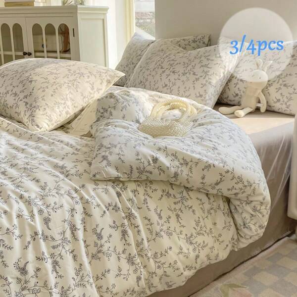 3/4pcs Bedding Set, Leaf Print Duvet Cover, Reversible Simple Black Line Pattern Duvet Cover, Soft & Fine Pastoral Style Bedding, Washable Cream-White Bedding Set, Suitable For All Seasons (Includes 1 Duvet Cover, 1 Bed Sheet, 1 Or 2 Pillowcases, No Filling)