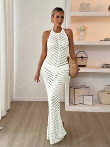 Vestido de punto sin mangas de verano para mujer PARA BELLEZA, delgado y sexy, con un diseño de rayas microperforadas, apropiado para vestidos largos de vacaciones