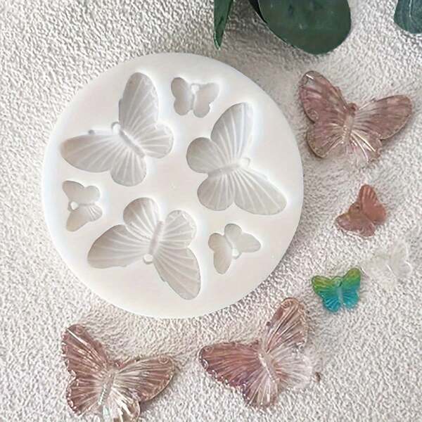 1pc Silicone Butterfly Pendant Mold, 6-Cavity Round DIY Jewelry Making Mold For Necklaces, Earrings, Keychains - Craft Accessories, Pendant Crafting|Butterfly Design| Flexible Mold, Jewelry Molds