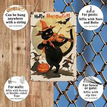 1pc Vintage Halloween Metal Wall Art Sign - Country Style Black Cat Playing Violin With Bat & Pumpkin Pattern, UV-Resistant Waterproof Indoor/Outdoor Decor, No Electricity Required, 30x20cm, Farmhouse Fence Home Decoration