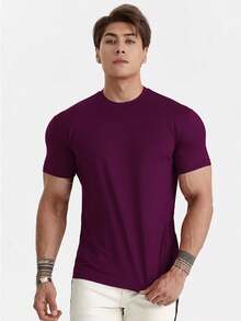 Men's Plain Short Sleeve T-Shirt With Elastane Visco Lycra Mesh - Acai - 查看 5