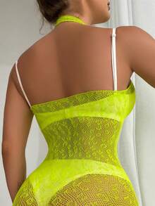 Grass Green Leopard Jacquard Women's Sheer Mesh Sleeveless Babydoll Slip Sexy Lingerie Nightgown, For Vacation, Homewear, Party, Clubwear.