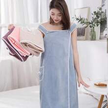 1pc Coral Fleece Robe, Soft Loose Homewear, Towel Wrap Dress, Women Sleeveless Towel Dress, Adult Wearable Bathrobes For Beach, Spa, Sauna, Absorbent Quick Dry Bath Towel, Bathing Supplies Back To School