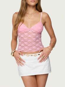 Womens Y2k Lace Cami Tops Going Out Crop Tank Tops Spaghetti Strap Mesh See Through Camisole Summer Casual Tops - Hồng - Xem 2