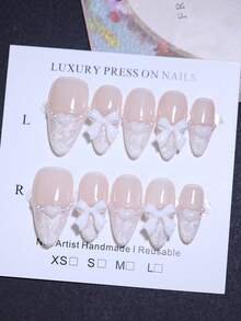 蝴蝶结指甲装饰闪光梨白和裸色 100% 手工制作按压指甲 10 片杏仁法式手工指甲可重复使用假指甲片 DIY 指甲产品适合女性和女孩四季使用指甲棒和指甲锉指甲用品指甲