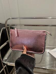 Women's Beaded Chain Strap Crossbody Bag, Retro Solid Color Faux Metallic Envelope Clutch Purse For Party , Pink - Pink - View 8