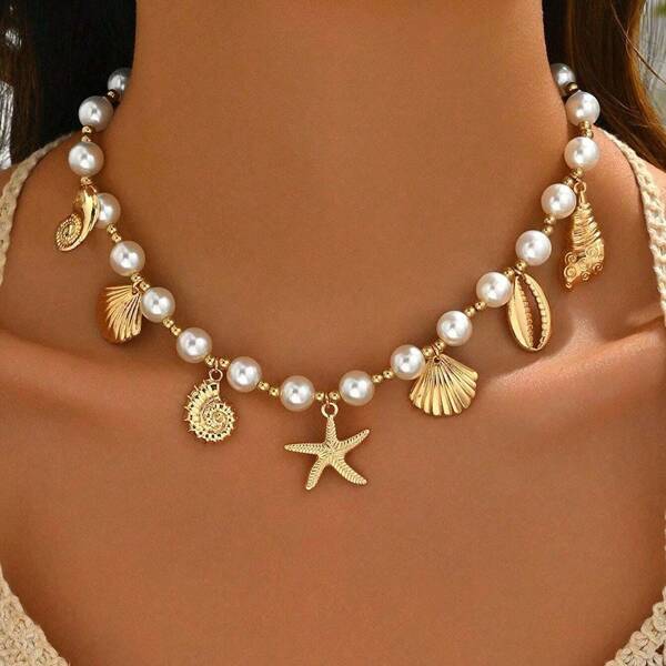 1 Set Ocean Style Pendant Necklace, Fashionable Beaded Women's Jewelry Choker, Suitable For Daily Outfit, Beach Holiday And Photography