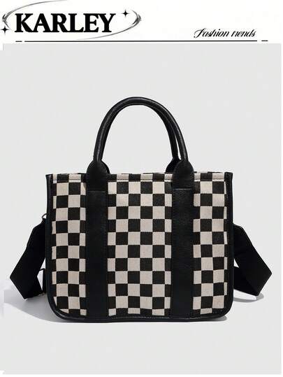 1 chiếc túi xách cỡ lớn bằng da PU thời trang retro, phối màu caro, túi đeo vai đa năng.