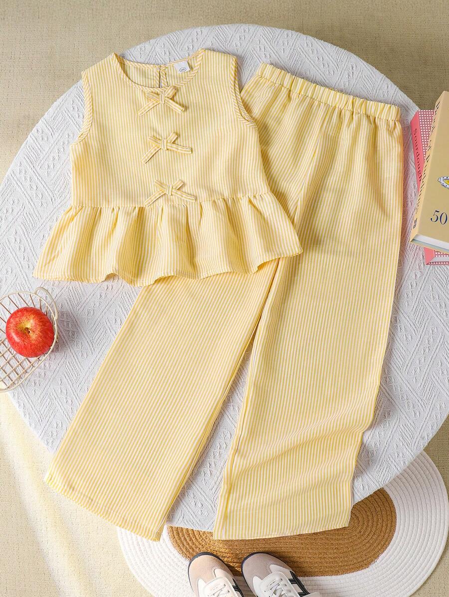 Left Mama Girls Cute Simple Striped Sleeveless Bow Top And Straight Leg Pants Set, Summer