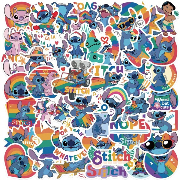 Disney 50PCS Rainbow Stitch Graffiti Stickers Cute Cartoon Lilo Stitch Stickers Graffiti For Scrapbook Laptop Phone Luggage Skateboard Decals Sticker Toy Gift