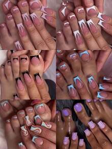 288Pcs /12Set Chic French Tip Press-On Nails Set Line Decoration- Medium Square Shape With Glossy Finish, Easy Application Kit, Salon-Quality, Long-Lasting Wear, Includes Nail File & Adhesive Tabs - Perfect For Women And Girls Nail Supplies Nails - Multicolor - View 2