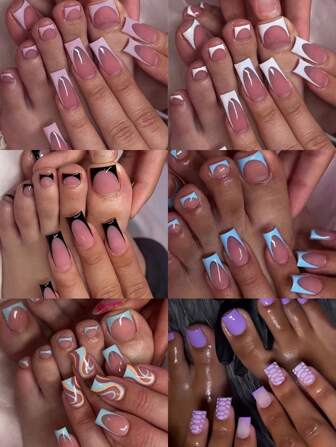 288 piezas / 12 sets Juego de uñas postizas con decoración de línea de punta francesa elegante - Forma cuadrada mediana con acabado brillante, kit de aplicación fácil, calidad de salón, uso duradero, incluye lima de uñas y pestañas adhesivas - Perfecto para suministros de uñas de mujeres y niñas