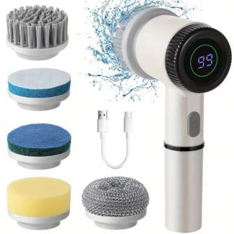 Cordless Electric Shower Scrubber, 3 Speed Adjustable, 5 Replaceable Nozzles, Digital Display, For