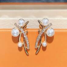 Cross Line Faux Pearl Earrings For Girls Fresh Gold Color Ear Piercing Women Accessories Daily Wear Delicate Jewelry Korean Fashion Faux Pearl Stud Earrings For Women Modern Design Gold Color Ear Earrings With Shiny Girls Jewelry