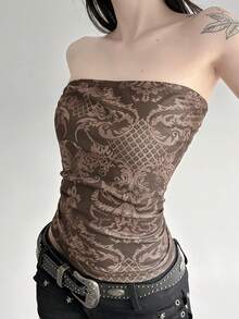 Vintage Printed Tube Tops For Women Fashion Streetwear Sleeveless Backless Vest Gothic 2000s Camisole Grunge Fairycore - Brown - View 7