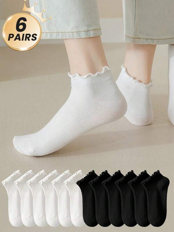 2/6/12 Pairs For Women, Black And White Ruffled Ear Edge Vertical Stripes, Breathable And Refreshing, Ins Style, College Style Ankle Socks, Home, Commuting, Party All-Match, Valentine's Day Gift