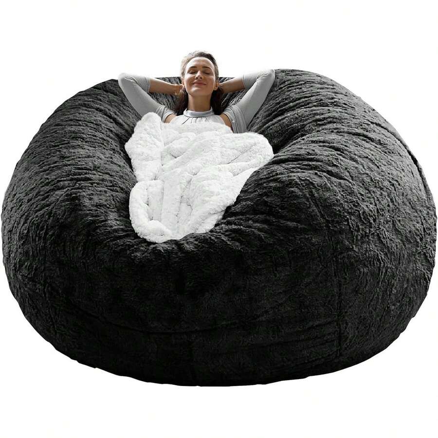 Bean Bag Chair Cover(No Filler) Soft Faux Fur Stuffed Animal Bean Bag Storage, Fluffy Plush Bean Bag Chair Cover Washable, Comfy Bean Bag Chairs For Adults - 黑色 - 查看 1