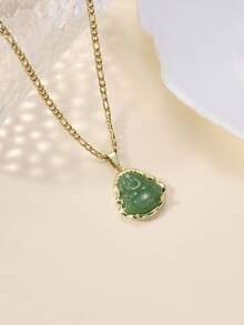 1 件时尚经典镀金玉佛吊坠项链，适合情侣礼物 - 墨綠色 - 查看 2