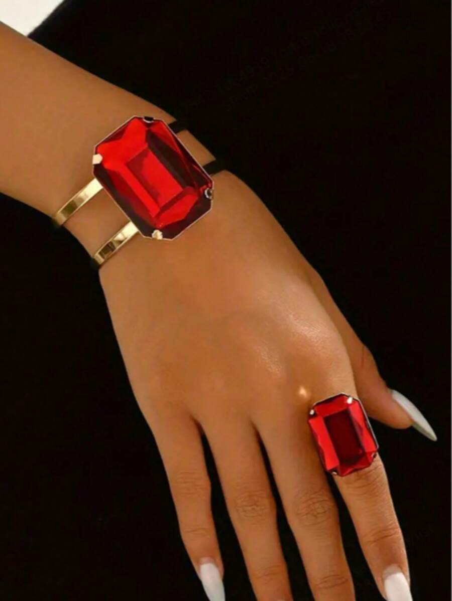 1 Set de joyería de accesorios miniatura con brazalete de media bangle con incrustaciones de perlas metálicas exageradas y anillo para mujer - Regalo vacacional