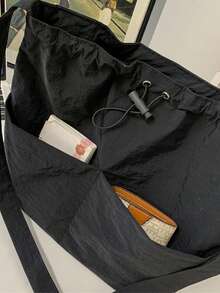 1pc Minimalist Bucket Shape Crossbody Bag, Adjustable Strap, Drawstring Closure, Lightweight Breathable Nylon Material, Solid Color Design, Suitable For Men And Women For Daily Commute And Streetwear - Black - View 6