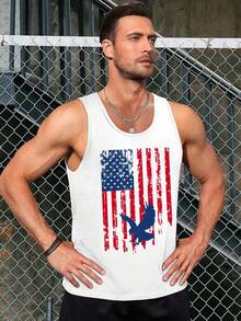 White Tank Top Men's Patriotic Fourth Of July Vest With American Flag And Eagle Graphic, Black Sleeveless Shirt, Perfect For Independence Day Celebrations, Casual Wear, All Season Comfort, Festive Wear, Bold Graphic Print, Comfortable Fit, Graphic T-Shirt, Perfect For Festive Crowds - 白色 - 查看 2