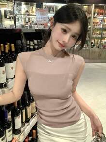 Top in maglia trasparente senza maniche dalla vestibilità aderente, con colletto a contrasto, stile "Pure Desire" di ARA IN SEOUL, adatto per appuntamenti, uso quotidiano, vacanze e feste - nuova collezione estiva per signore