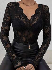 Women Sheer Lace Tops Slim Flower Scallop Trim V Neck Long Sleeve Undershirts Clothes Streertwear - Black - View 3