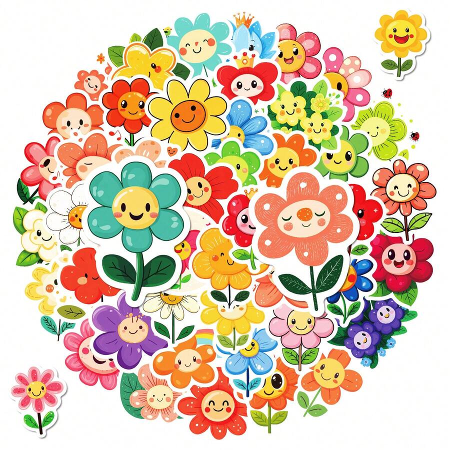 50Pcs Cute Flower Stickers, Flower Stickers For Bottles Laptop Luggage Journaling, Beautiful Plants Stickers Vinyl Decals For Adults Teens Adults, Back To Chool - Multicolor - View 1