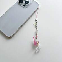 Original Design Y2K Style Cute Summer Cooling Handmade Crystal Beaded Imitation Cocktail Drink Pink Mobile Phone Lanyard Charm, Earphone Case Strap