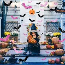 48pcs Pink Bat Decorations - 3D Bat Wall Stickers, 4 Sizes, Reusable For DIY, Bathroom, Bar, Office, Indoor, Halloween Party Supplies, Home Decor Fall Autumn,Christmas