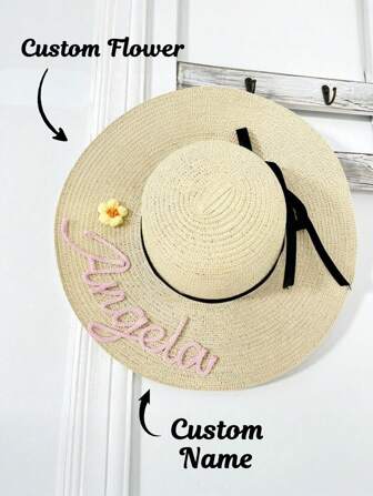 1 Pieza, Sombrero de sol de ala ancha personalizado, Sombrero de sol de playa, Nombre bordado personalizado y flores, Sombrero al aire libre hecho a mano con nombre creativo, Sombrero de playa para despedida de soltera, Protección solar de verano, Protección solar para la cara y el cuello, Sombrero de paja de playa de moda, Sombrero de playa para dama de honor, Sombrero de sol personalizado para mujeres, Despedida de soltera, Luna de miel, Piscina, Regalos decorativos para boda