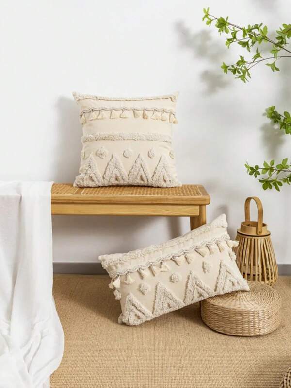 A Beige Triangular Dot Tassel Pillow Cover With European And American Style Tufting Technology Used For Sofas, Beds, Bedrooms
