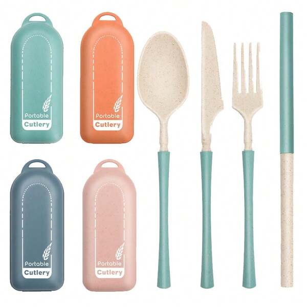 1 Set/4 piezas Cubiertos de paja de trigo, utensilios de viaje reutilizables con estuche, juego de cubiertos portátiles desmontables de paja de trigo que incluye palillos, cuchillos, tenedores y cucharas, set de accesorios para picnic y camping