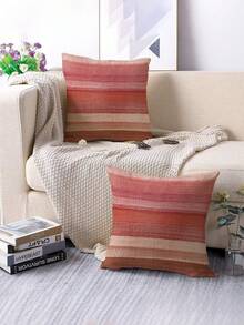 2pcs 2D Printed Pillow Covers, Faux Linen Cushion Covers With Fashionable Pink, Yellow And Green Striped Design, Suitable For Sofa, Home Decor, Bed Or Chair Decoration, Soft Polyester Material, Zipper Closure, Machine Washable, Sofa Throw Pillows - Red - View 4