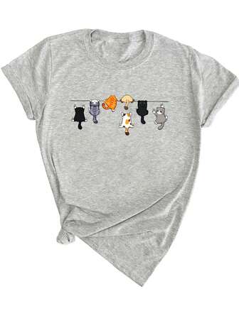 Women Cute Cat Print Round Neck Short Sleeve Casual T-Shirt