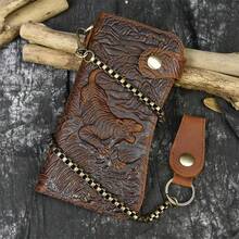 Men's Long Chain Wallet Bifold Wallet Leather Credit ID Cards Holder Biker Trucker Heavy Thick - Light Brown Tiger - View 1