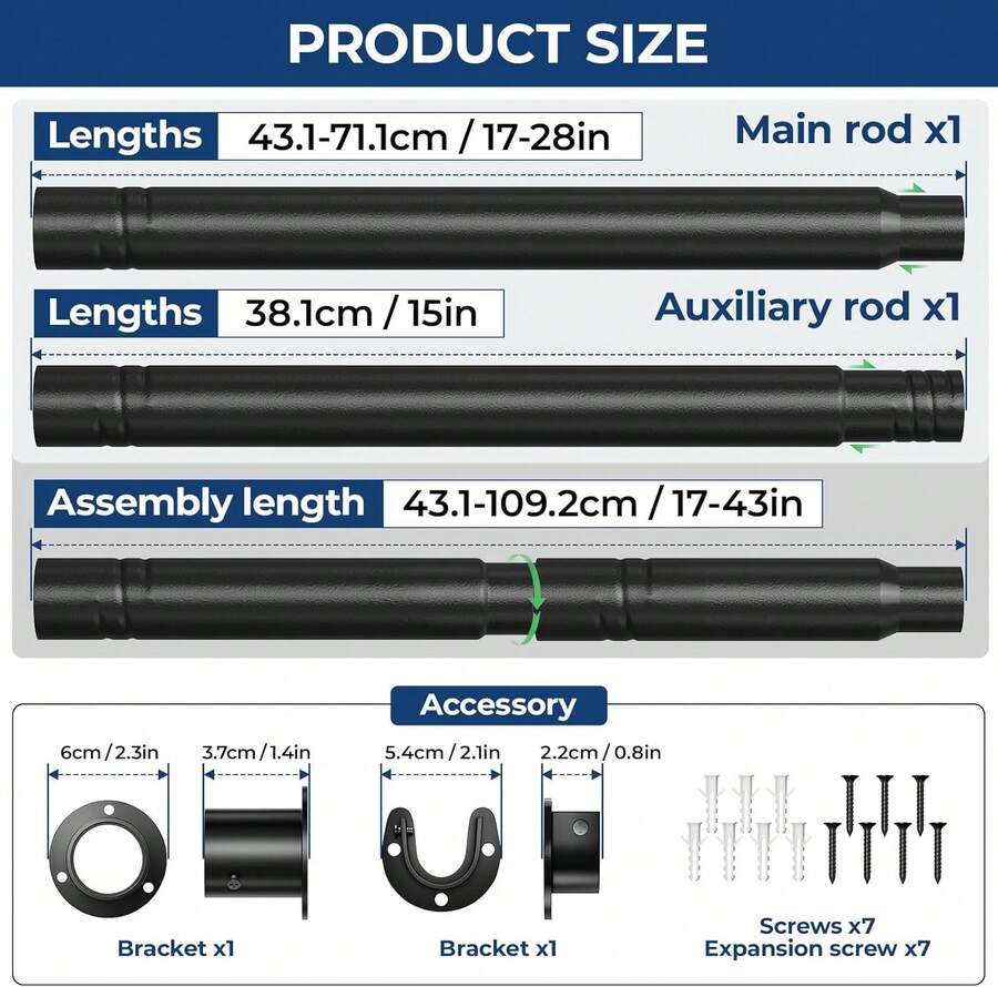 Closet Rod, 17 To 43 Inch Adjustable Closet Rods For Hanging Clothes, Heavy Duty Tension Rod, Black Curtain Rod, For Closet, Wardrobes, Bathroom, Laundry - Black - View 1