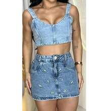 Saia Jeans Feminina Marmorizada com Bordado de Flores – Cós Alto | 100% Algodão (Sem Elastano) - Cinza Claro - Visão 5