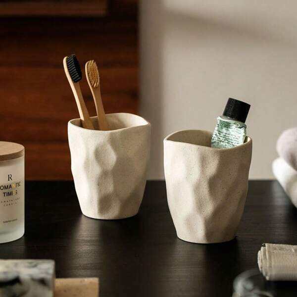 1pc Wabi-Sabi Style Stoneware Retro Ceramic Toothbrush Cup Household Couple Mouthwash Cup Bathroom Pendant Suitable For Bathroom, Home Decoration, Hotel, Homestay, Student Dormitory
